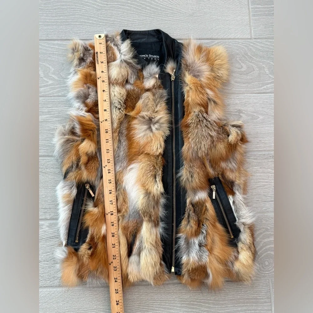 ANDRE'S GHUSTO Genuine Fox Fur Vest Leather Contrast Statement Piece OFAK Large